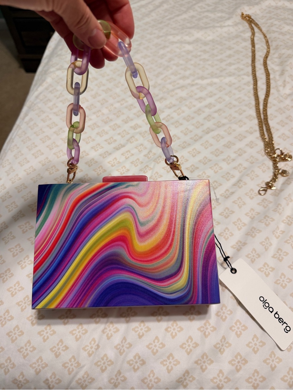 Olga Berg Rainbow Swirl Acrylic Clutch with Pastel Chain Handle